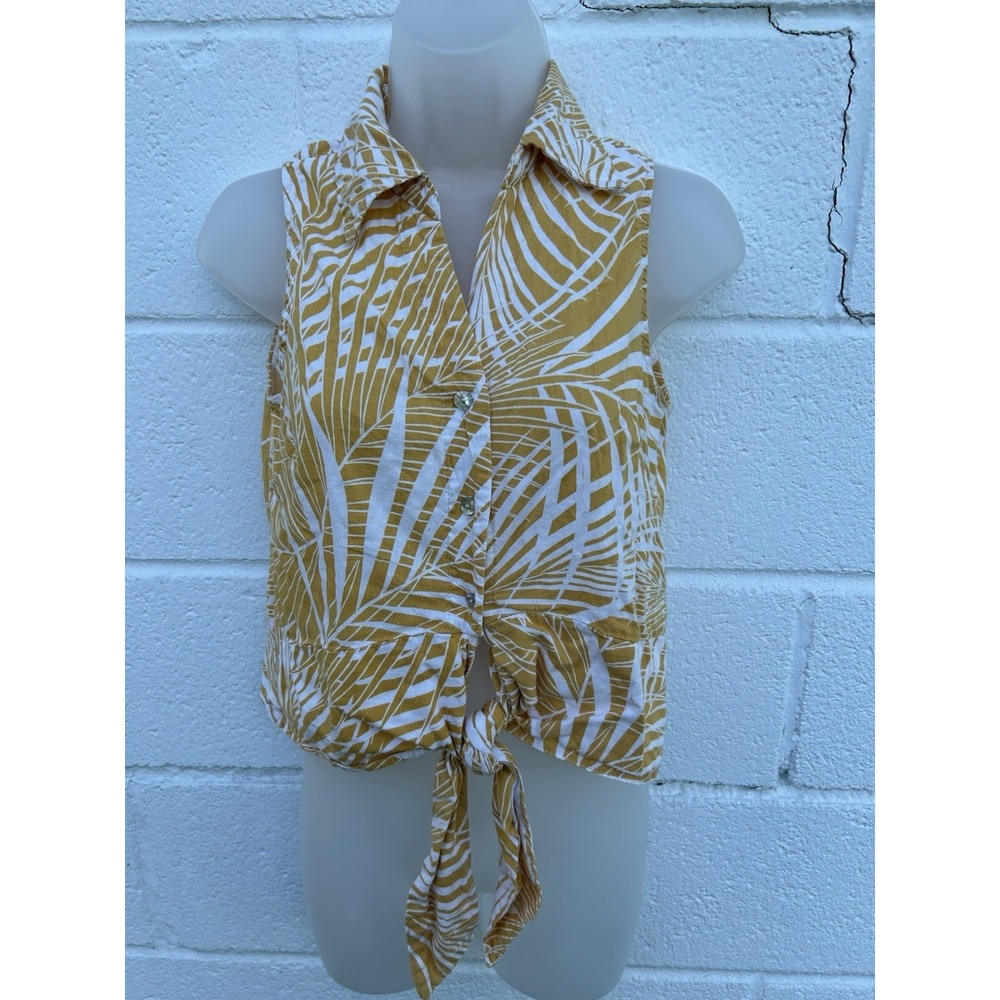 Panama Jack Hawaiian Tie Front Shirt Sz S Sleeveless Cropped Beach Gold Cream